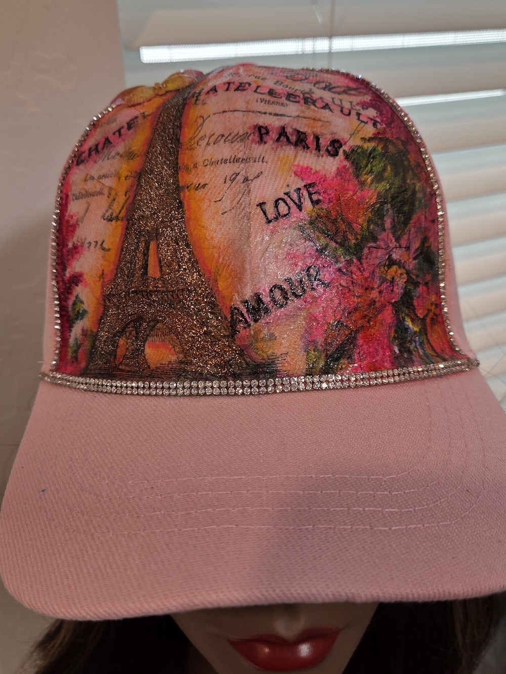 Hand Painted Pink Floral Eiffel Tower Embellished with Bling- Baseball Cap